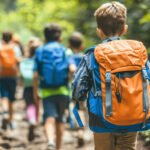 Kids hiking on a trail Kids hiking on a trail