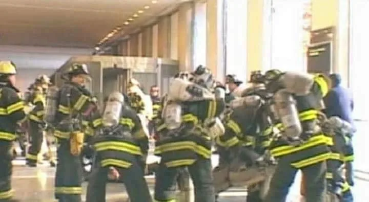 Firefighters in the north tower lobby