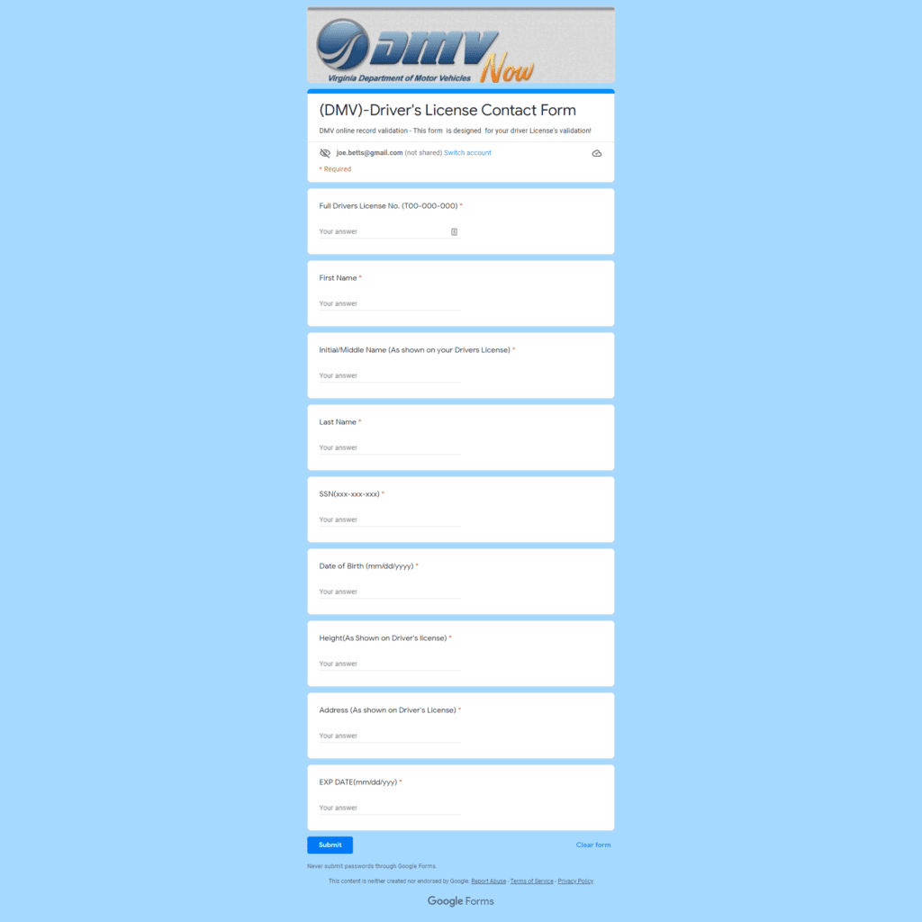 Driver's License Phishing Document