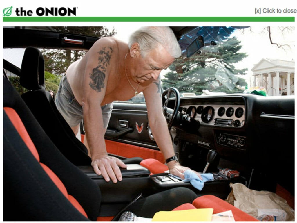 Photoshopped image of Biden washing a 1981 Trans Am in the White House driveway from a 2009 Onion article
