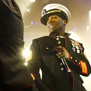50 Cent Soldier looking like shit in a Dress Blue Alpha jacket with Gunny Chevrons