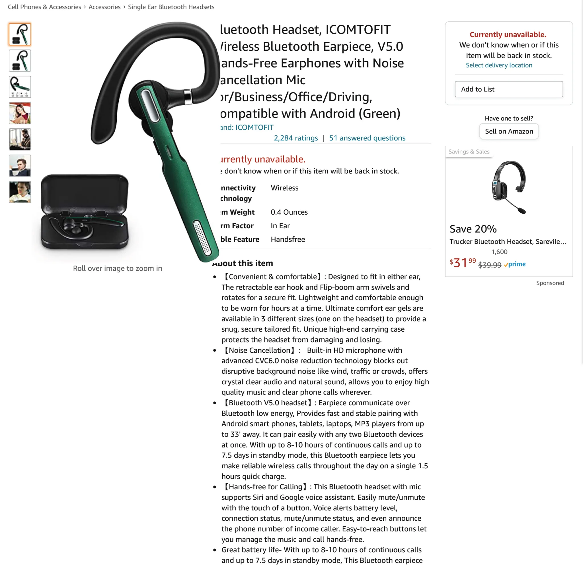 Amazon Bluetooth Headset ICOMTOFIT Wireless Bluetooth Earpiece